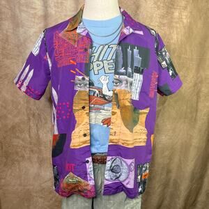 Graphic Print Button Up Rokit Saturn Shirt Purple Collage Art Music Astrology